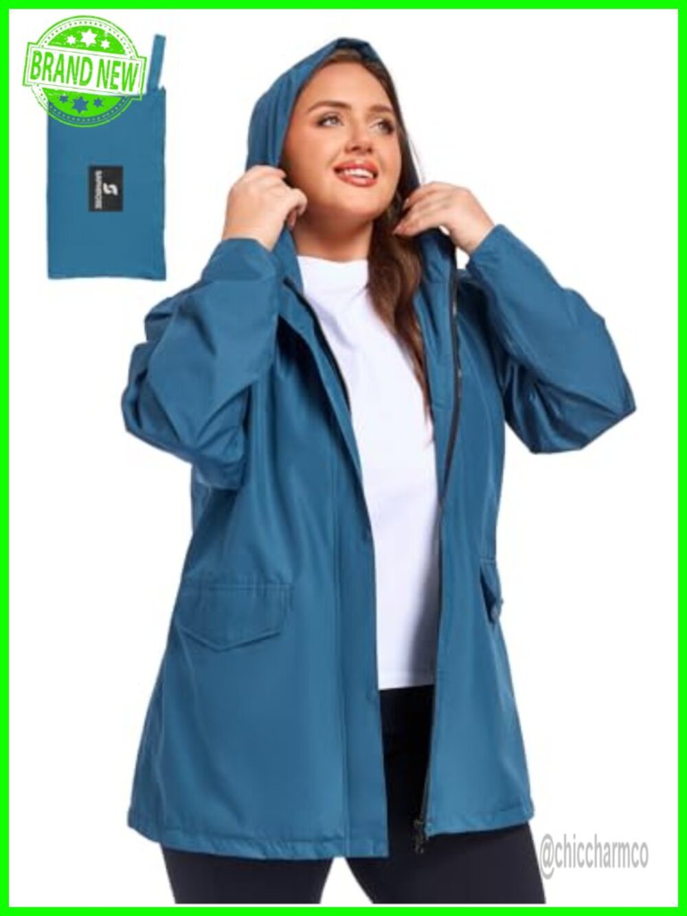 Plus Size Packable Waterproof Rain Jacket Mesh Lined Snap Storm Flap Lightweight